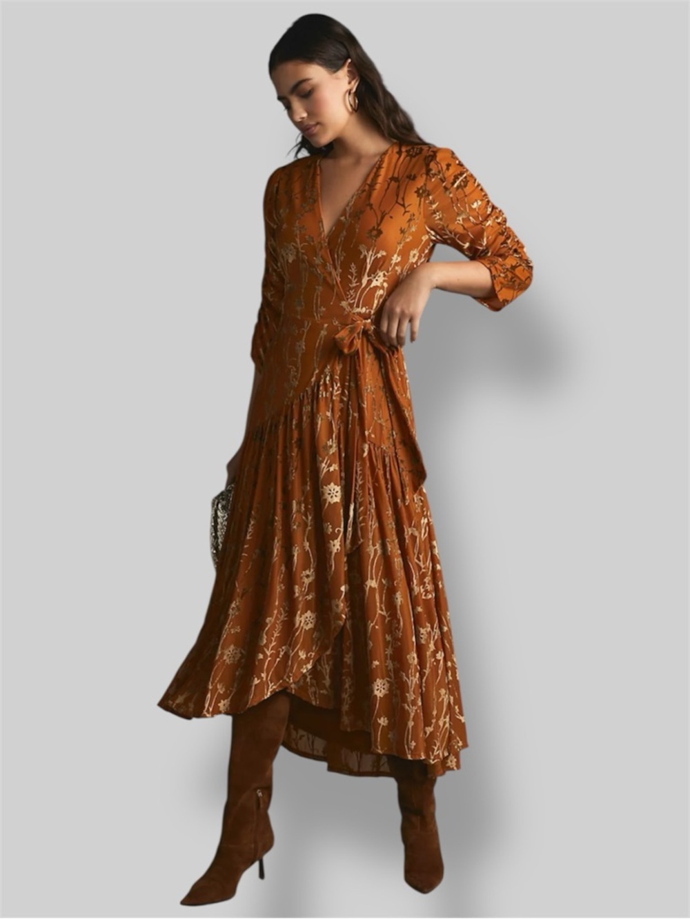 Anthropologie Hutch Velvet Floral Wrap Dress Rust Copper Boho Maxi Plus Size 3X